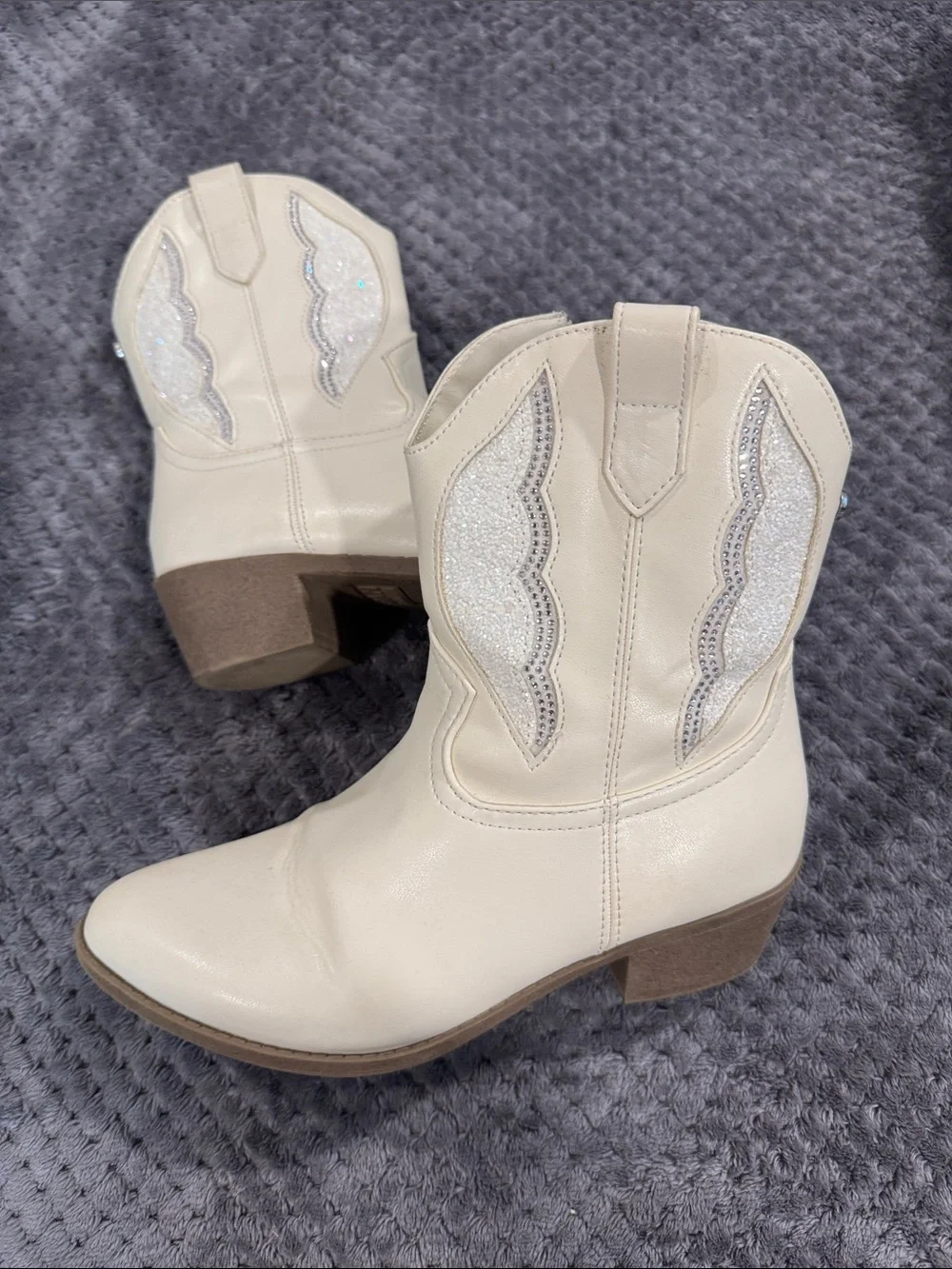 Girls' Cream Glitter Western Ankle Boots with Side Zip